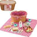 Fisher-Price Wood Pretend Play Toy Picnic Basket, 31-Piece Wooden Food Playset for Preschool Kids Ages 3+ Years