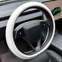 PINCTROT Nappa Leather Steering Wheel Cover for Tesla Model Y/3 Highland/Juniper, D Shaped 14 Inch Small Sized with Breathable Perforation, Fit Like Gloves, Flat Bottom 14 Inch(Nappa White)