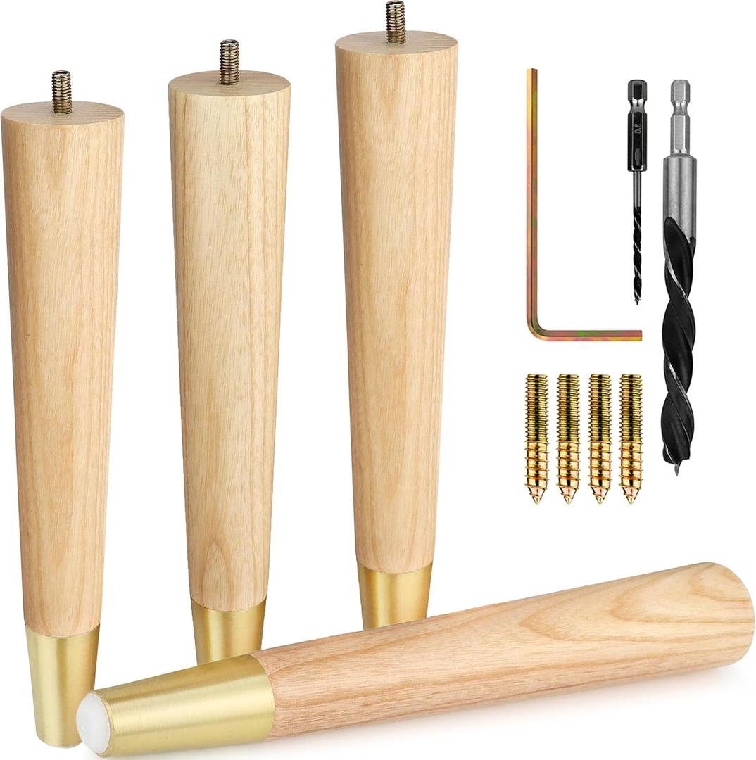 Airy Abode Premium Ash Wood Furniture Legs with Gold Caps (Full Install Kit) - Pick Your Size and Color (12 Inches)