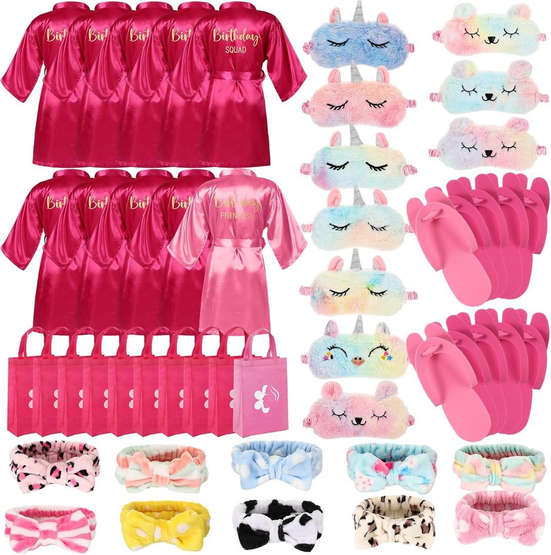 Bonuci 50 Pcs Spa Party Supplies for Girls, 10 Satin Robe 10 Kids Slippers Sleepover Birthday Spa Party Favors (1 Pink, 9 Rose Red)
