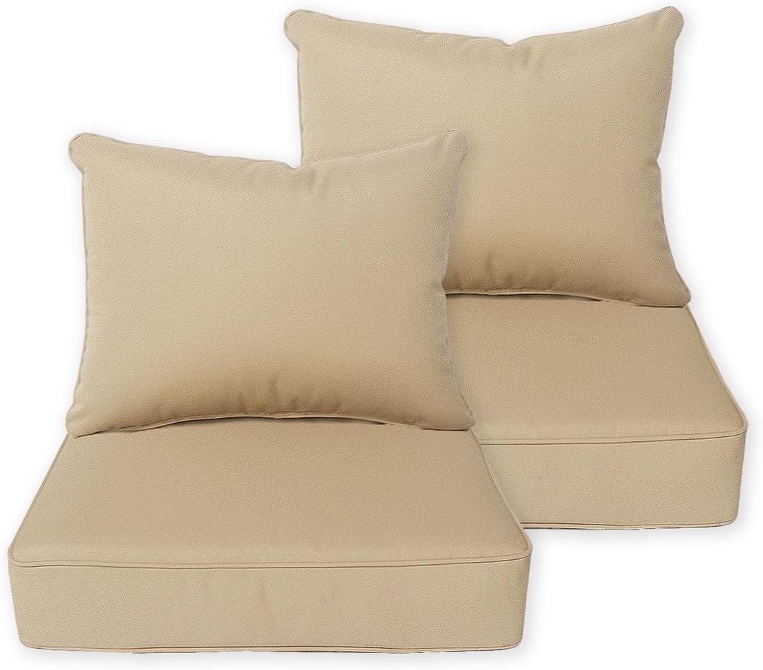 Deep Seat Cushion 24x24 2 Set (4 Pcs) for Outdoor Furniture, Water Repellent Fade Resistant Patio Cushions for Sofa, Chair, Lounge, Polyester Warm Beige