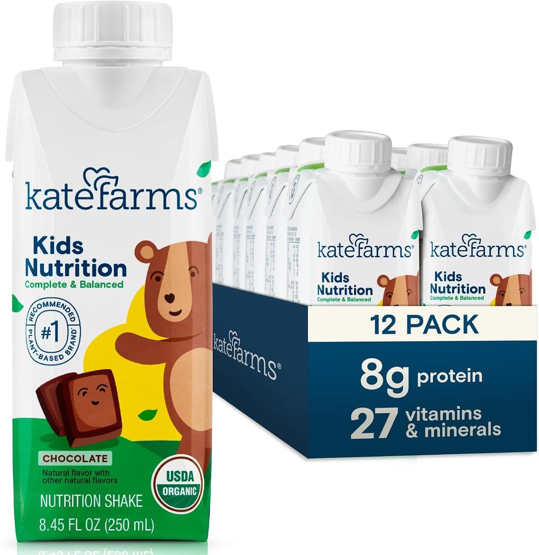 KATE FARMS Organic Kids Nutrition Chocolate Shake, 8g Protein, 27 Vitamins and Minerals, Meal Replacement, Gluten Free, Non-GMO, 8.45 oz (12 Pack) (EXP 04/06/27)