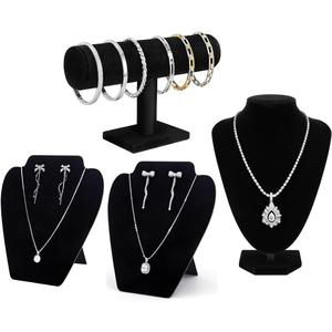 4 Piece Black Velvet Necklace Display Mannequin Bust with Bracelet Holder for Vendors, Professional Jewelry Displays for Selling and Photography