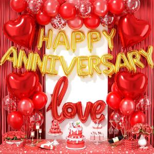 Anniversary Decorations Red,Happy Anniversary Balloon Banner with love and Heart Foil Balloons Fringe Curtain for Wedding Party Valentine's Day Romantic Night Surprise