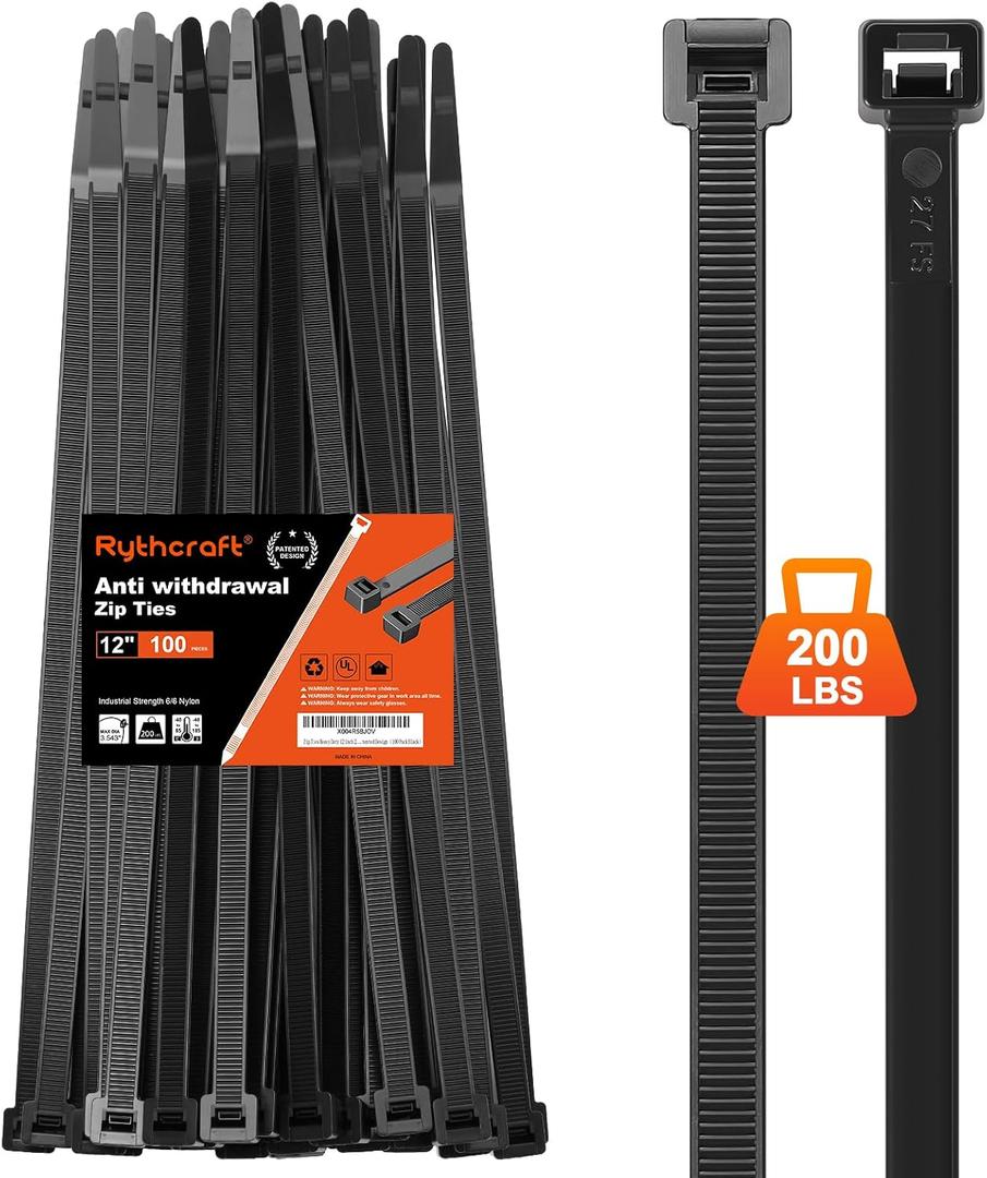 Zip Ties Heavy Duty 14 inch 200 LBS Tensile Strength Cable Ties Extra Large Wire Ties Adjustable Nylon Tie Wraps for Indoor Outdoor Patented Design100 Pack Black