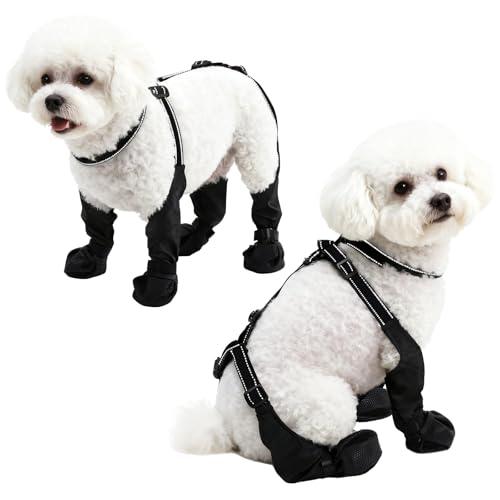 BECROWM Waterproof Dog Boots for Small/Medium Dogs -Dog Paw Protectors Dog Suspender Boots Anti-Slip Pet Shoes for Outdoor Walking, Reflective Stay-On,Dirt-Proof Comfortable Booties (Black, Medium)