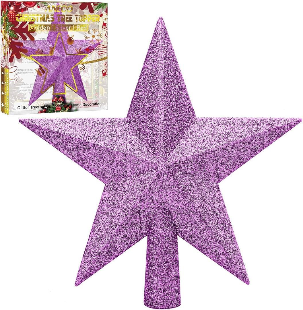 Aneco Purple Glitter Mini Christmas Tree Topper Shatter-Proof 4 Inch Small Christmas Tree Decoration Treetop for Holiday Ornament or Home Decor