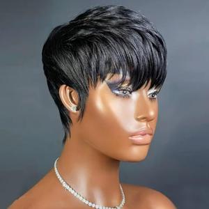 Pixie Cut Wig with Bangs 100% Human Hair Pixie Side Part Human Hair Wig with Bangs Short Black Cute Bob Daily Wear Short Cut Wig 1B