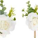 Meldel White Corsage and Boutonniere Set, Ivory Boutonniere, Prom Flower Wrist Corsage Bracelets, Homecoming Corsage Wristlet, Men Boutonniere for Wedding Flowers Accessories Prom Suit Decorations