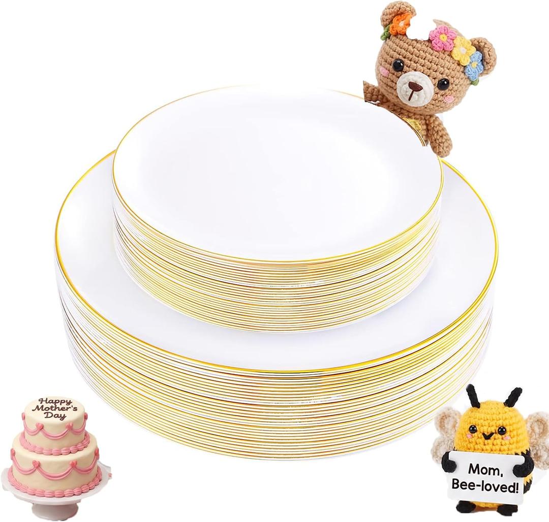 KIRE 60PCS Gold Plastic Plates - Heavy Duty White Disposable Plates with Gold Rim - Include 30Pieces 10.25inch Dinner Plate and 30Pcs 7.5inch Dessert Plate for Wedding/Mother's Day/Spring/Graduation
