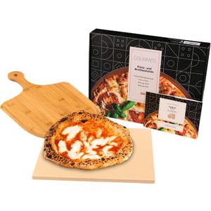 Pizza Stone Pan and Wooden Pizza Paddle - 15x11.8x0.6 inch - Cordiete Bread Beaking Stone w/Pizza Peel - Suitable for Oven & Grill
