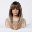 Blonde Wigs with Bangs Long Wavy Wig for Women Ombre Wig with Brown Root Synthetic Fiber Wig for Daily Festival Holiday Use
