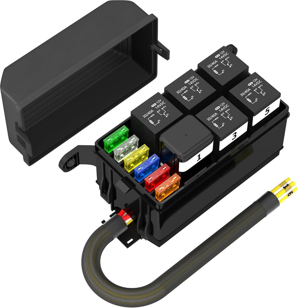 Joinfworld Relay Box 12V Relay Fuse Box Automotive Waterproof Fuse and Relay Box Pre-wired with 6 Relays and 6 ATC/ATO Blade Fuses for Car Truck Jeep Boat (Normal)