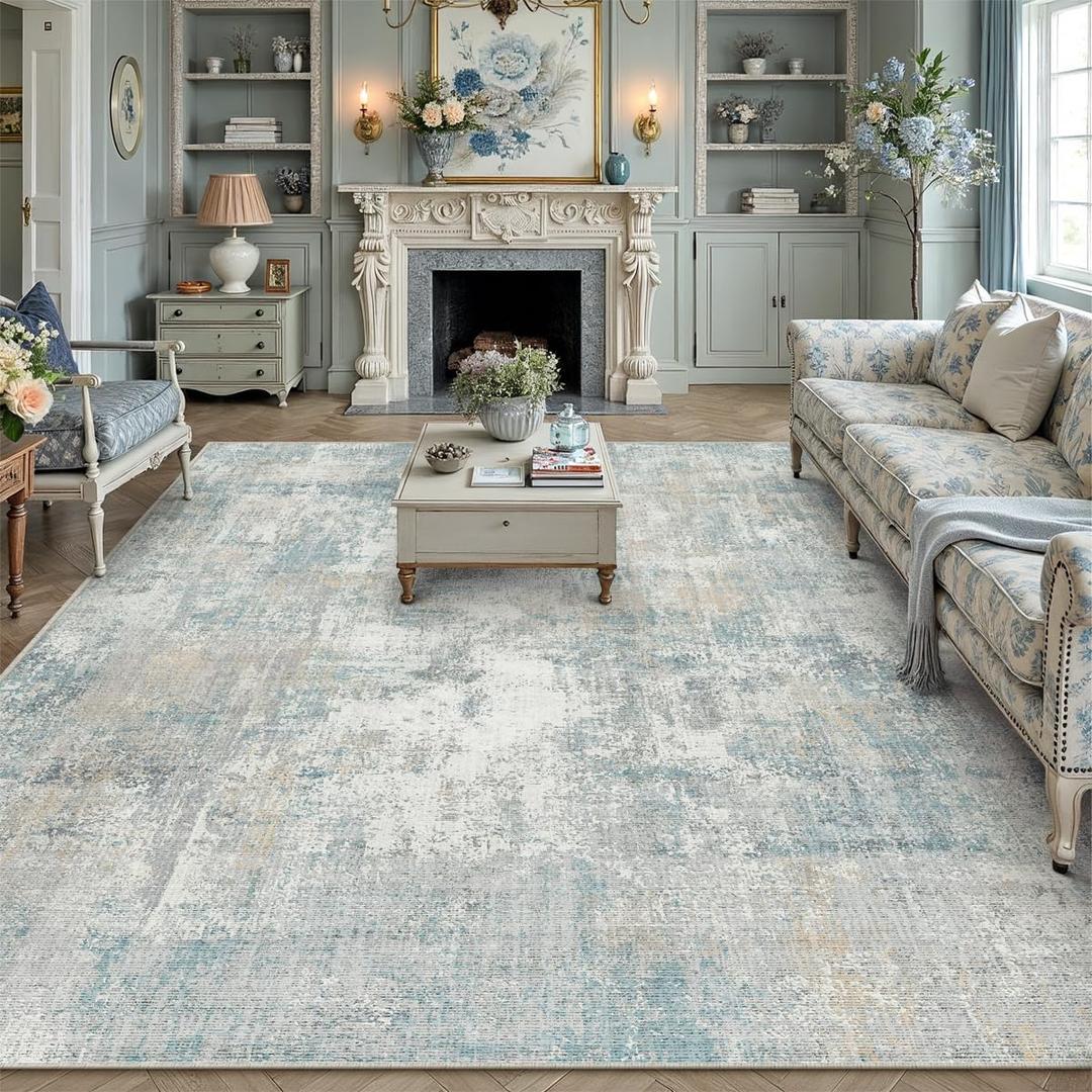 10x14 Washable Area Rug Blue Cream Abstract Non Slip Soft Low Pile Rug for Living Room Bedroom Dining Room Office Neutral Modern Indoor Large Throw Carpet for Home Decor