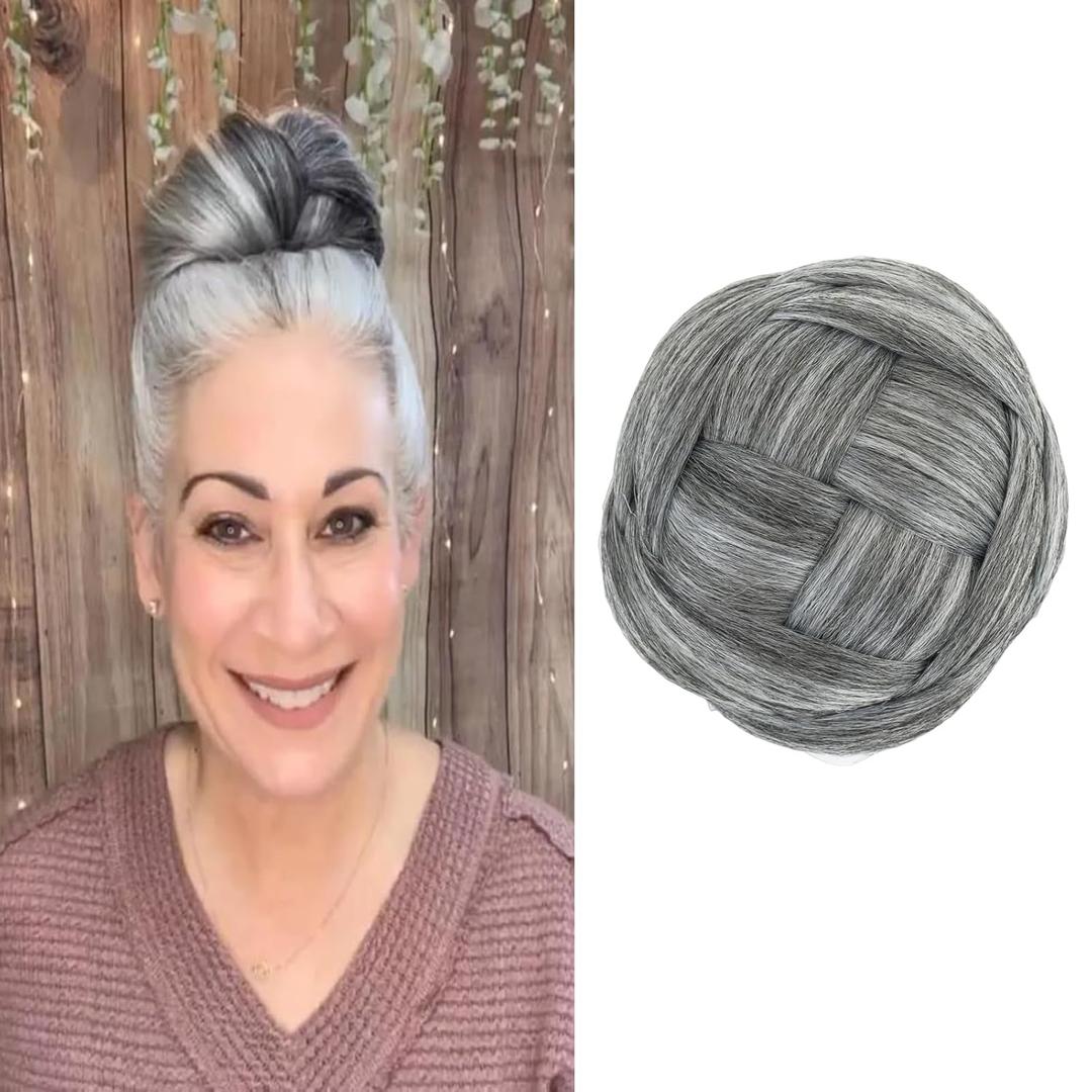 Synthetic Hair Chignon Scrunchie Natural Grey Hair Braided Bun Donut Hairpieces Clip in Hair Bun Extensions Updo Space Bun for Women Beauty (#Gray)