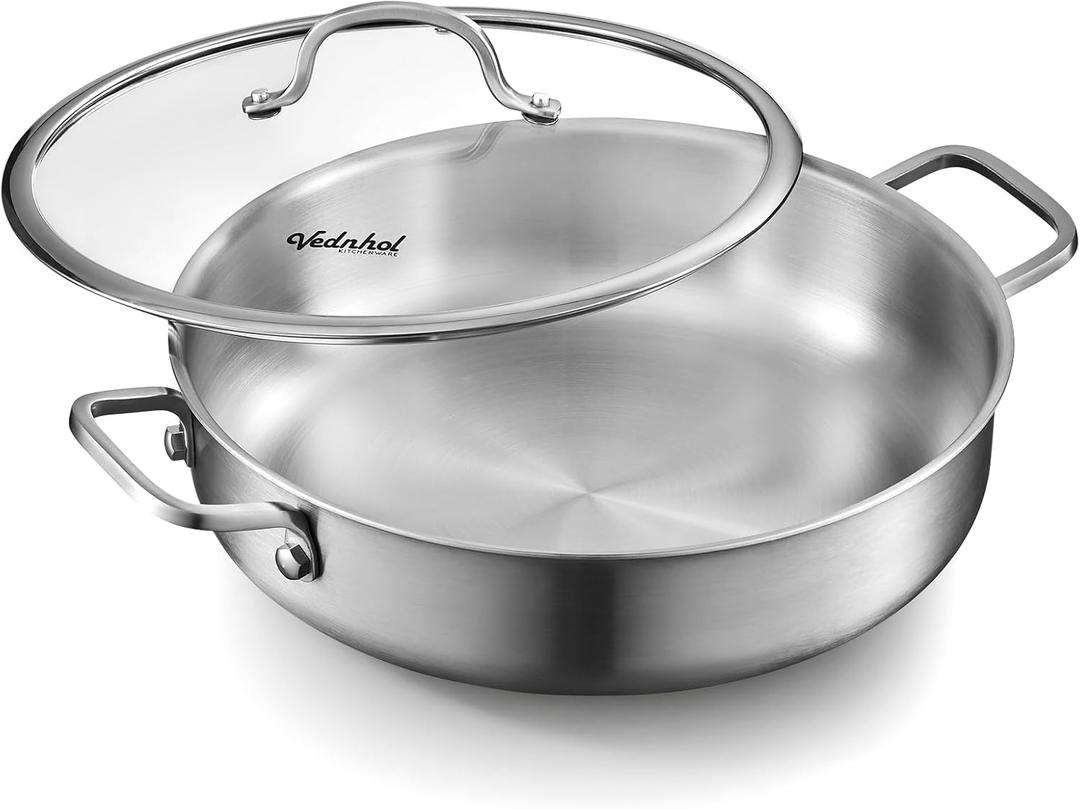 Saute Pan with Lid, 12 Inch 7QT TriPly Stainless Steel Braiser Pan, Deep Frying Pan & Chef Skillet, Induction Compatible Cookware, Dishwasher & Oven Safe, Works on Gas and Ceramic Cooktops