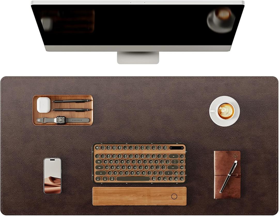 YSAGi Genuine Leather Desk Mat, 35.4"X17" Office Desk Pad, Thick Premium Table Pad with Stitched Line, Non-Slip Laptop Writing Pad with Rubber Base (Dark Brown, 35.4"x17")