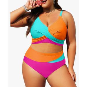 Plus Size Two Piece Swimsuit - Women High Waisted Bikini Set Tummy Control Bathing Suits 24W Plus Size Two Piece Swimsuit - Women High Waisted Bikini Set Tummy Control Bathing Suits 24W