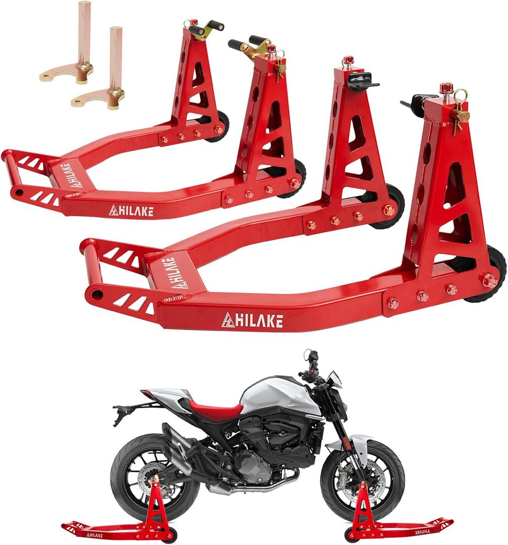 Aluminum Motorcycle Stands Front and Rear 880lbs Heavy Duty Wheel Lift Combo Swingarm Spool Peddock Stand for Yamaha Honda Kawasaki Suzuki U+L Red