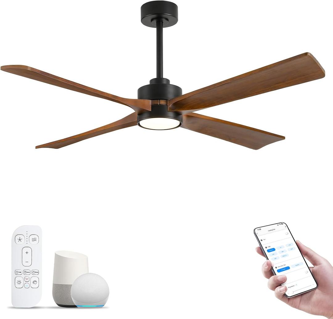 42 Inch Rustic Farmhouse Ceiling Fan with Light, Smart App Alexa Remote Control, 4 Solid Wood Blades, High CFM Quiet Reversible DC Motor, Damp Rated for Indoor Bedroom & Covered Outdoor Patio Porch