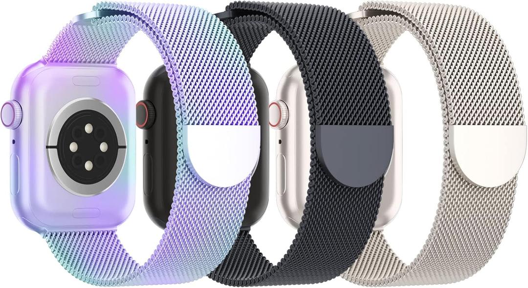 3 Pack Mesh Metal Band Compatible with Apple Watch Band 38mm 40mm 41mm 42mm 44mm 45mm 46mm 49mm, Stainless Steel Magnetic Loop Strap for iWatch Ultra 3 2 1 Series 11/10/9/8/SE/7/6/5/4/3 Men Women