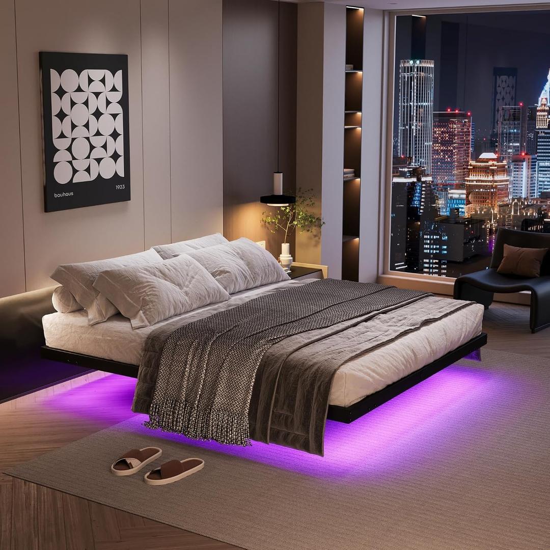 Floating Bed Frame Queen with LED Lights and Charging Station, 14 Inch Queen Modern Bed Frame Easy Assembly No Box Spring Needed