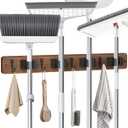 Broom Holder Wall Mounted, 4 Holders and 4 Hooks Mop Holder, Wooden Mop and Broom Holder with Anti slip rubber, Natural pine wood Brush Holder, Mop Wall Holde with Nail installation, Room Storage (1 Pack, Brown)