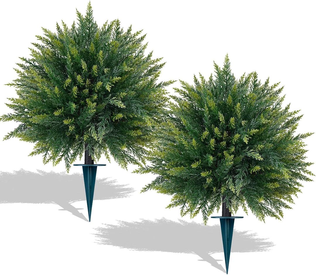 2 Pack Artificial Cedar Topiary Trees with Ground Spike, Fake Pine Shrubs Bushes, UV Resistant Faux Evergreen Cypress Tree Plants for Indoor Outdoor Planters Front Porch