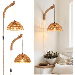 Plug in Wall Sconce,Farmhouse Wicker Wall Lamp Plug in,Hand Woven Rattan Wall Light Farmhouse Rustic Boho Sconces Wall Lighting for Living Room Bedroom (2 PACK, 2 Packs 9.8IN Rattan Lampshade)