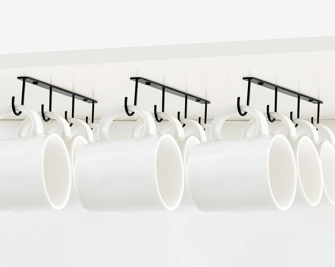 Mkono Under Cabinet Mug Hanger Set of 3 Metal Mug Hooks Coffee Cup Holder with 12 Hooks Simple Coffee Mug Organizer for Cabinet Shelf Modern Mug Storage Display Rack for Kitchen, Black