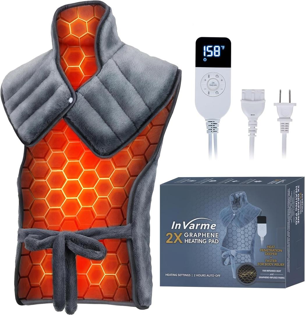 Neck-Back Far Infrared Heating Pad: 2X Graphene and Luxury Plush Electric Heating Pad for Neck Shoulders and Back - 3X Deep Pain Relief for Mom Dad in Full Body - 24 X 37 2H Auto Off (Grey)