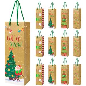 12PCS Christmas Wine Gift Bags Premium Kraft Paper Bottle Cover Wrapping Bags Bulk with Handles Gift Tags Reusable Holiday Wine Tote for Gifts Xmas Party Favours New Year Champagne Whiskey Liquor(Brown)