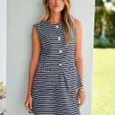Simplee Women's Summer 2 Piece Outfits Striped Sleeveless Two Piece Sets Button Down Vacation vest tops Skirt with Pockets(Striped Navy L)