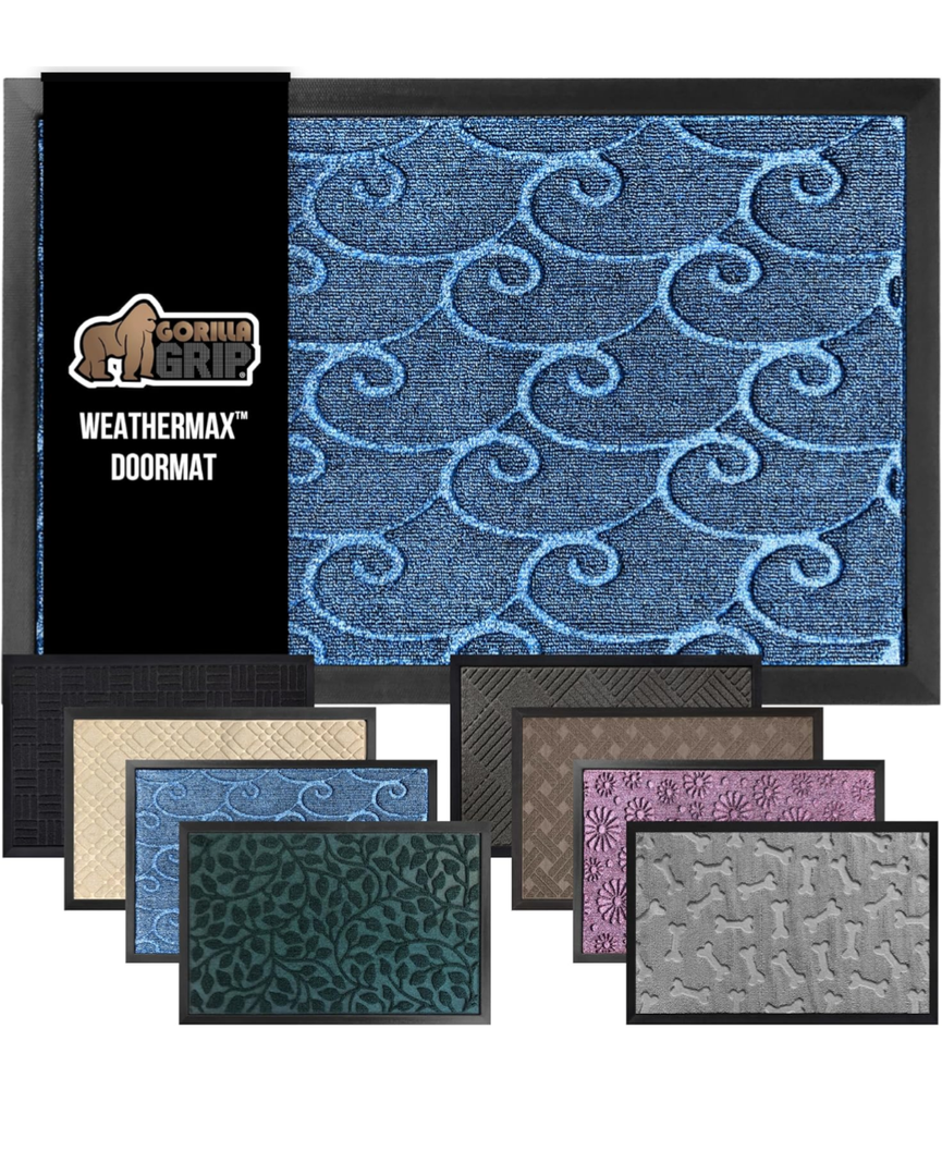 GORILLA GRIP 100% Waterproof All-Season WeatherMax Doormat, 47x35, Durable Natural Rubber, Stain and Fade Resistant, Low Profile, Indoor Outdoor Doormats, Easy Clean Patio Entry Mat, Ocean Blue Waves