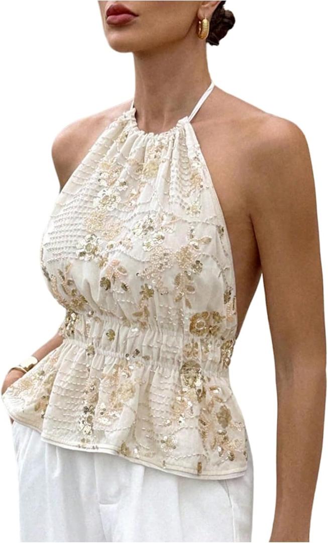 MakeMeChic Women's Sequin Floral Embroidery Halter Top Sleeveless Tie Back Y2K Party Tops (White, L)