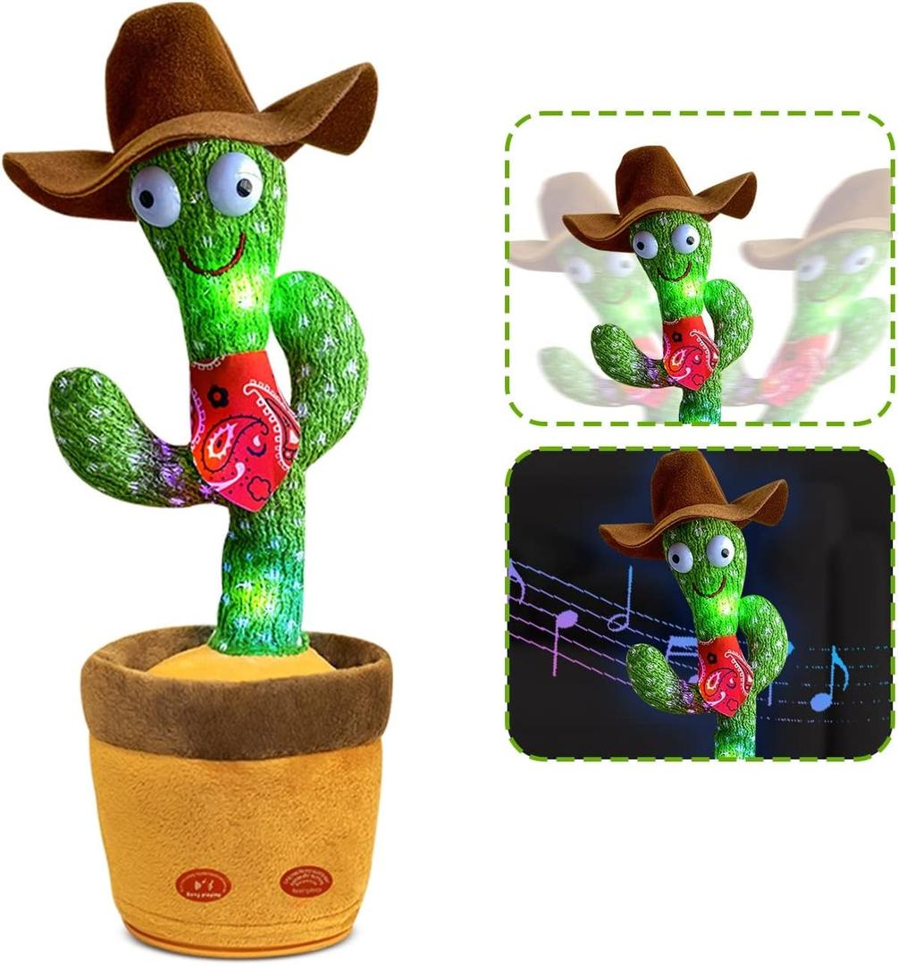 Dancing Cactus, Talking Cactus Toy, Repeats What You Say Electronic Dancing Toy with Lighting Recording Mimicking CactusToy, Electronic Plush Singing Baby Toy for Kids (Cowboy)