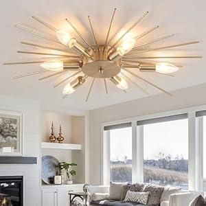 Jaycomey 6-Lights Sputnik Light Fixture Flush Mount Gold Ceiling Lights Modern Firework Metal Ceiling Lighting Mid Century Chandelier for Farmhouse Dining Room Bedroom Hallway Living Room, E12
