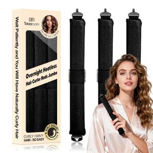 BLAAROOM Overnight Heatless Hair Curler Satin Jumbo Flexi Overnight Curls Blowout Rods 3pcs No-Heat Styling Tools Curling Rod To Sleep In for All Hair Types - Black