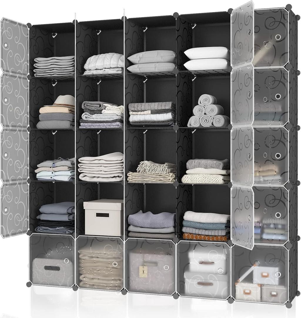 MAGINELS 25 Cube Storage Organizer,Portable Plastic Storage Cabinet,Closet.Stackable Cubby Shelf for Clothes,Toy,Bag. Suitable for Bedroom,Studyroom,Closet Organization,Black(1414 inch)
