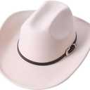 Men Women Wide Brim Western Cowboy Cowgirl Hats with Buckle Belt (Beige)