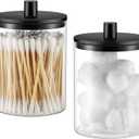 TIPGO Glass Qtip Holder Dispenser - 10 oz Clear Canister Apothecary Jar, Bathroom Vanity Storage Organizer Set for Cotton Swabs, Pads, Floss Picks, Small Containers for Makeup Storage (2 Pack, Black)