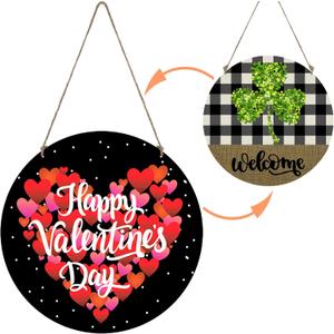 2 x Reversible Valentines Day Door Decorations St Patricks Day Wreath Happy Heart Wreath Shamrock Hanging Sign Wooden Front Door Hanger for Porch Wall Indoor Home Decor