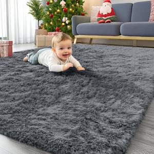 OLANLY Area Rugs for Living Room Bedroom, Machine Washable 4x5.9 ft Soft Fluffy Shaggy Bedside Rug, Indoor Floor Carpet for Kids Girls and Boys, Dorms, Nursery Rooms, Home Decor Aesthetic, Grey