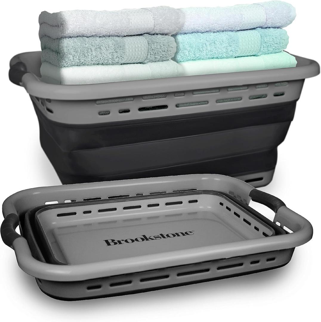 BROOKSTONE, 1 UNIT, 11 GALLONS - [OUR LARGEST BASKET EVER] 24" Collapsible Laundry Basket, Comfort Non-Slip Grip Handles, Minimalist Space Saving Design, Portable Pop-Up Hamper, [BPA FREE] (Dark Gray)