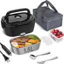Vabaso Electric Lunch Box for Adults, 80W Heated LunchBox Portable Food Warmer Lunch Box for Work/Men/Car/Truck with 1.5L 304 Stainless Steel Container Fork & Spoon, 110V/12V/24V