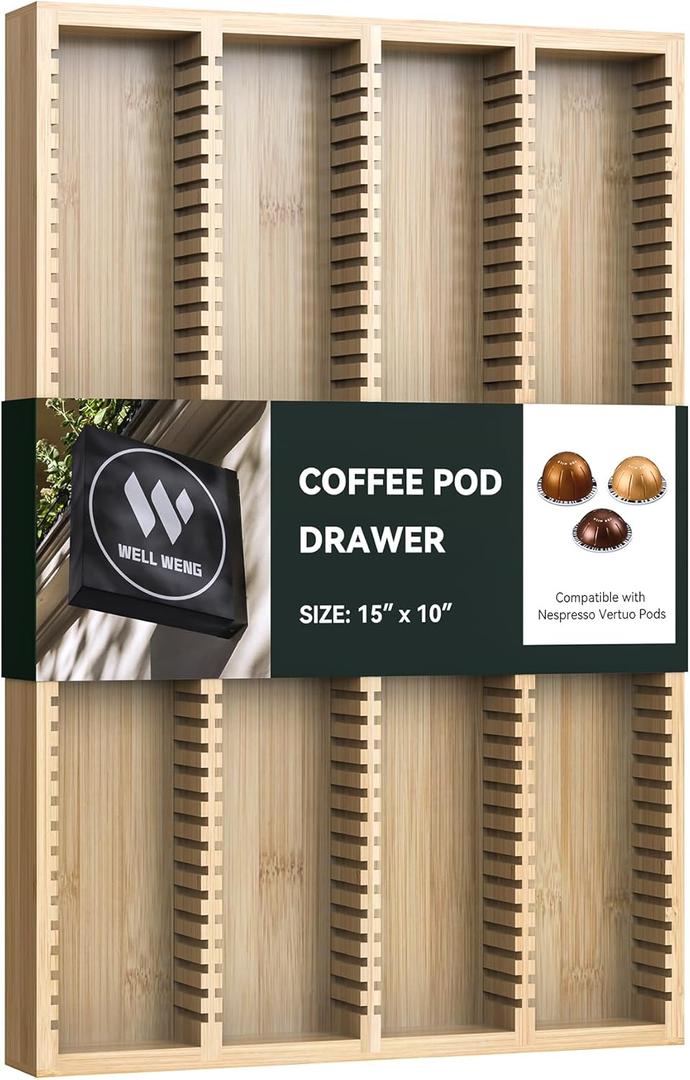 for Nespresso Vertuo Capsules - Premium Bamboo Coffee Pod Drawer Insert Organizer for Counter (40 Big or 52 Small pods) (Large)