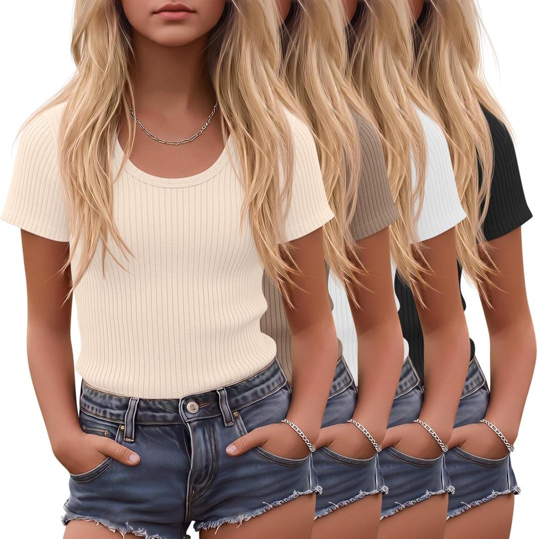 4 Pack Girls' T-Shirts Short Sleeve Ribbed Knit Tops Soft Slim Fit Scoop Neck Summer Athletic Basic Tees 5-14 Years
