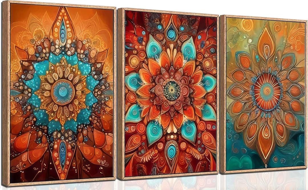 3Pcs Boho Mandala Floral Canvas Wall Art Modern Plants Colorful Flowers Painting Decor Pictures Vintage Floral Red Bloom Posters Prints for Office Living Room Bathroom Bedroom Decoration No Frames (16"L x 12"W)