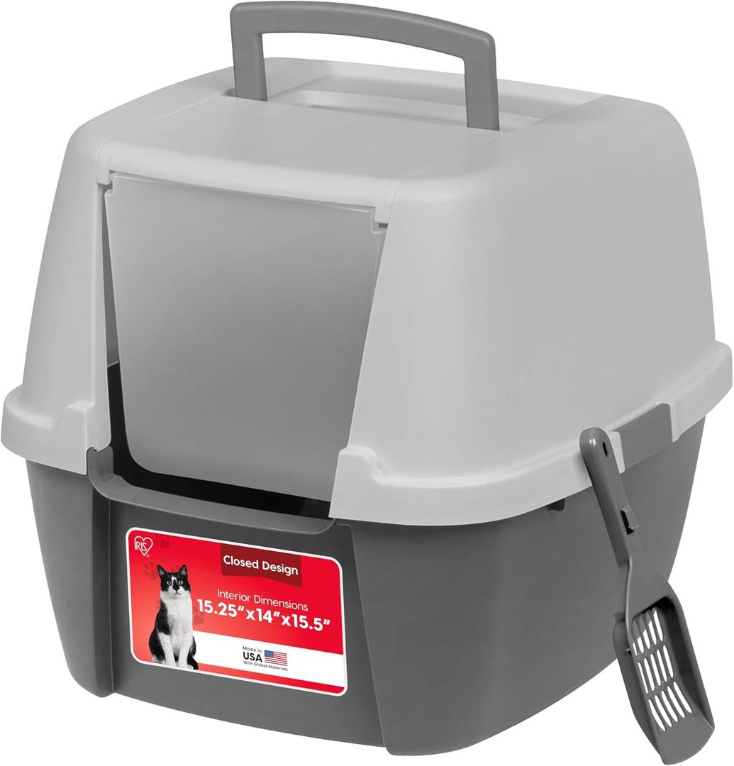 IRIS USA Cat Litter Box Large with Front Door Flap, Covered Enclosed Litter Box Enclosure with Scoop, Handle & Buckles for Portability & Privacy, Hidden Litter Pan, Gray, Jumbo Enclosed