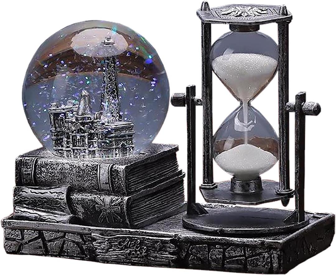 LED Music Snow Globe with Hourglass Vintage Castle Paris Eiffel Tower Home Decoration for Living Room Bedroom Book Shelf TV Cabinet Desk Table Top Decor Centerpieces Ornaments (B - Silver)